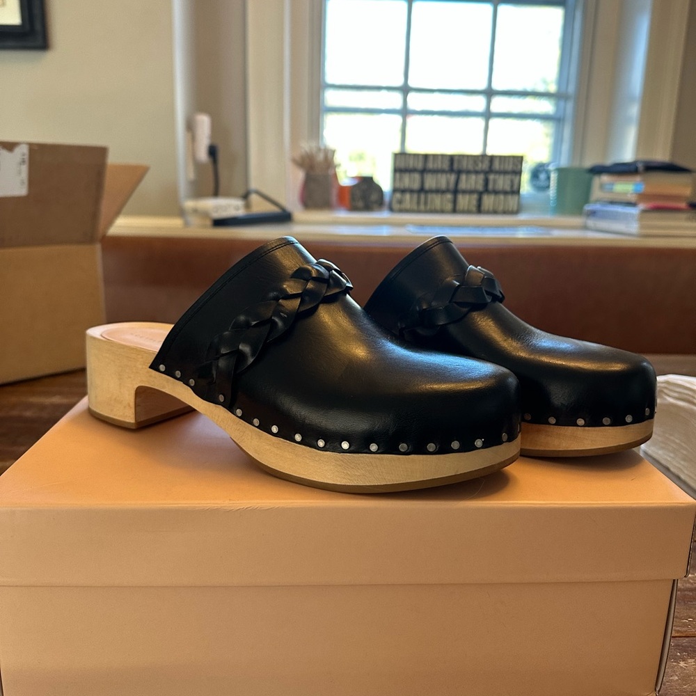 Loeffler Randall: Black Leather Clogs with Wooden Heel
